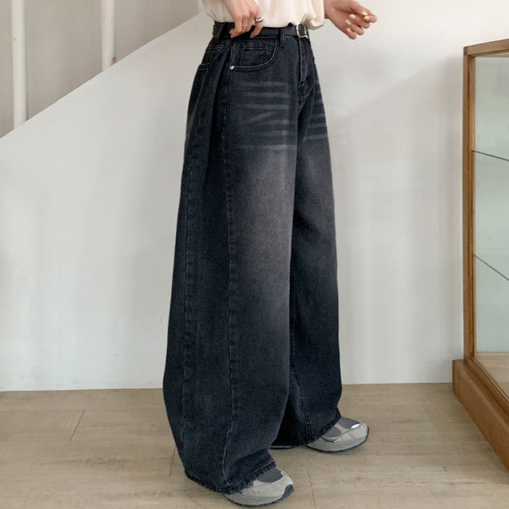 앤샵 [롱,숏 기장선택/빅사이즈~2XL] 여성용 트베리 워싱빈티지 벌룬 사이드절개 와이드 데님 청바지(4color)