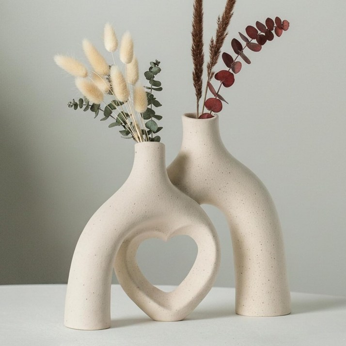 세라믹 도넛 꽃병 2P 세트 오프화이트 인테리어 오브제 화병 거실 테이블 장식, 하트  베이지