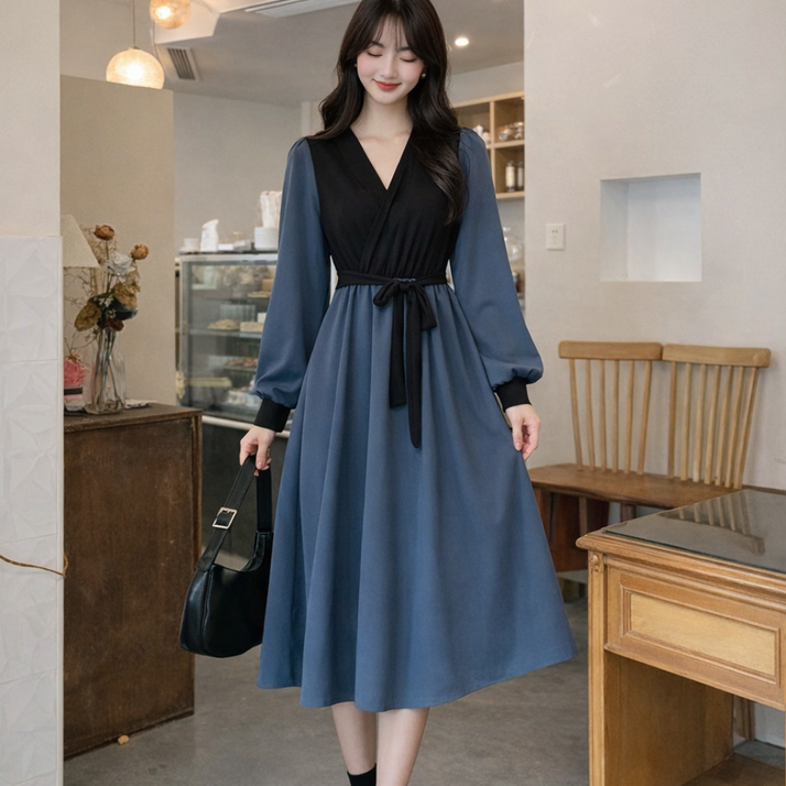 여성 빅사이즈 캐주얼 패션 데일리 브이넥카라 롱원피스 긴팔 봄 가을