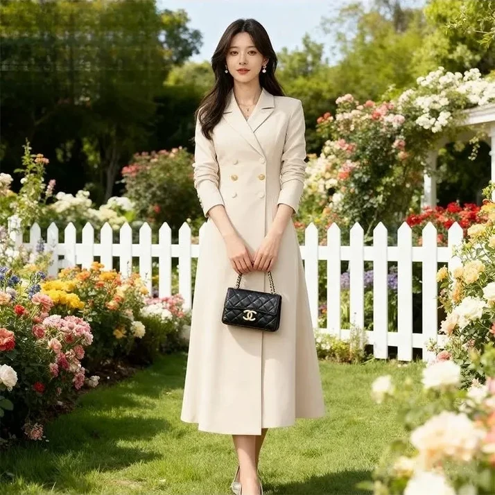 비비디아 여성용 하객룩 더블버튼 긴팔 롱원피스 오피스 하객결혼식 데일리룩 5559