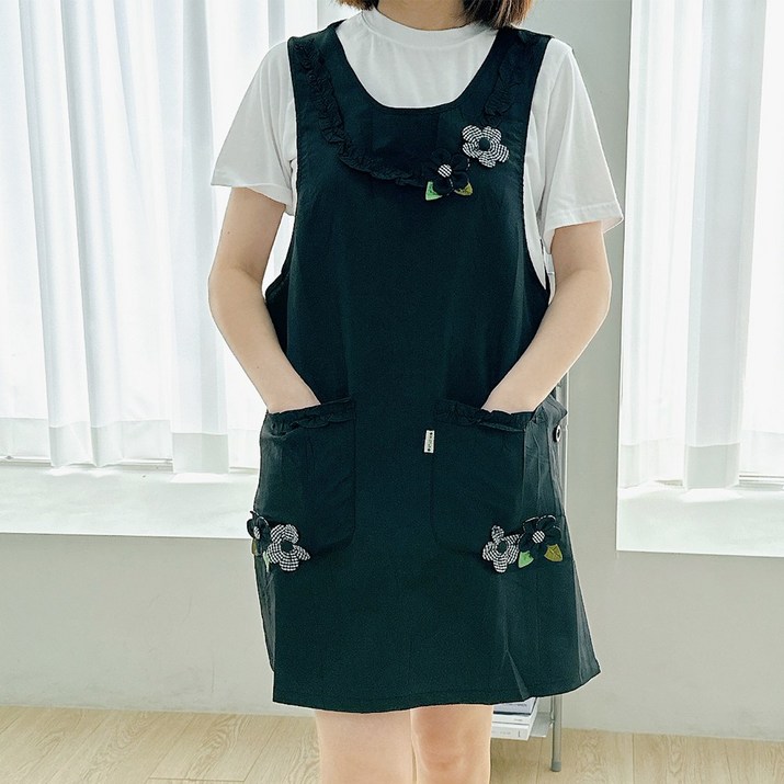 데코나인 폴리 원피스형 식당 주방 업소용 요양원 앞치마 단체 돌봄센터, 1.꽃앞치마블랙, 1개