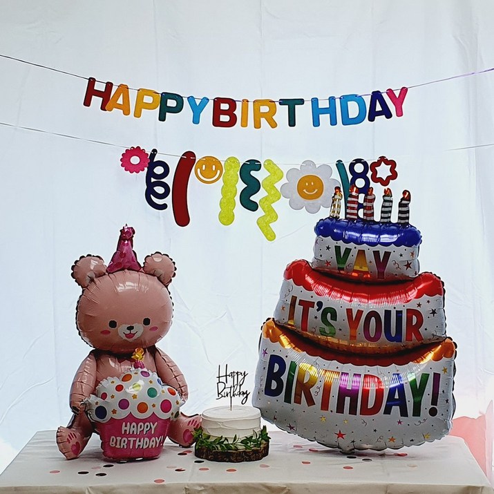 곰돌이 풍선 케이크 데이지 생일 파티, 핑크세트