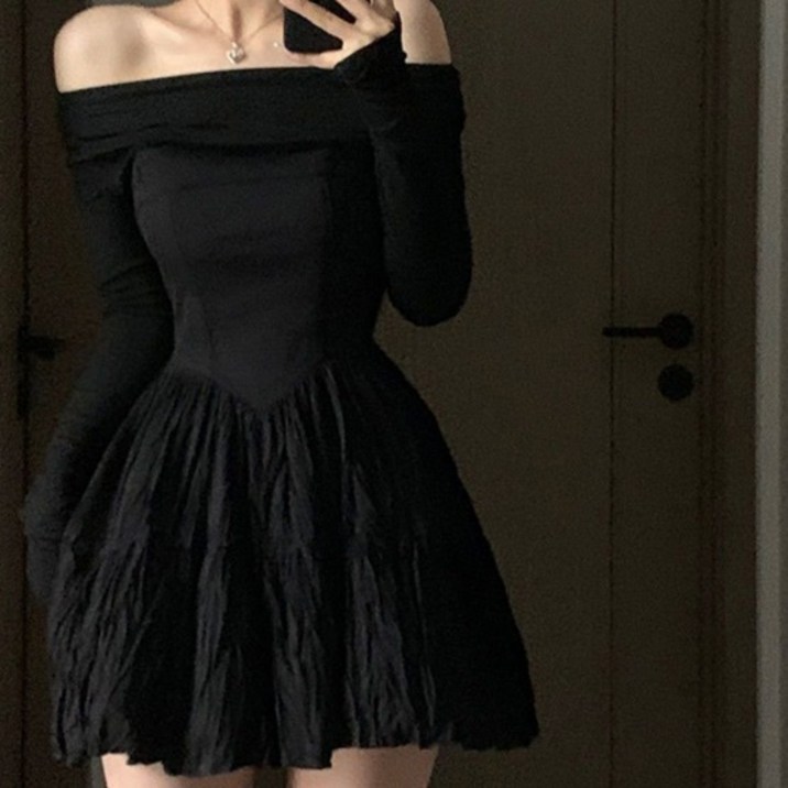 구디프 여성용 발레코어 오프숄더 셔링 플레어 원피스