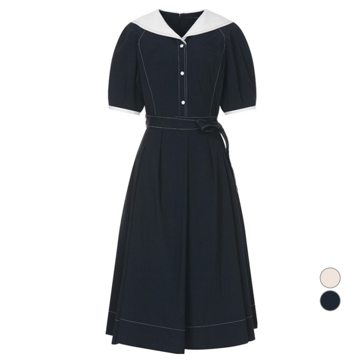 올리브데올리브 여성용 배색 카라 롱 원피스