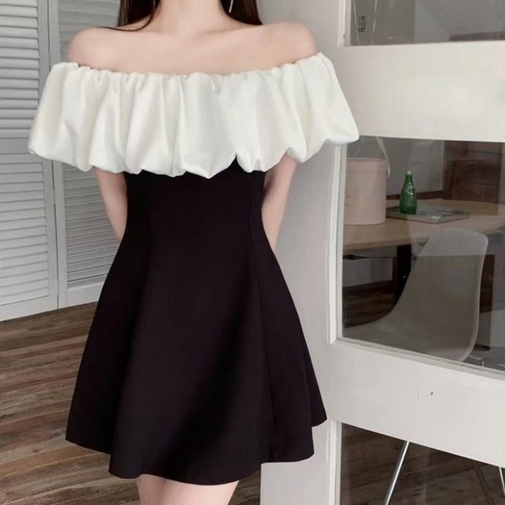 아이엠몽 여성용 큐라모 프릴 오프숄더 플레어 미니 원피스