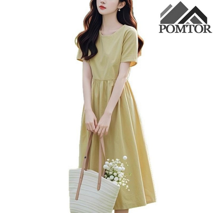 POMTOR 여성 반팔 데일리 심플 슬림 날씬해 원피스 휴양지룩