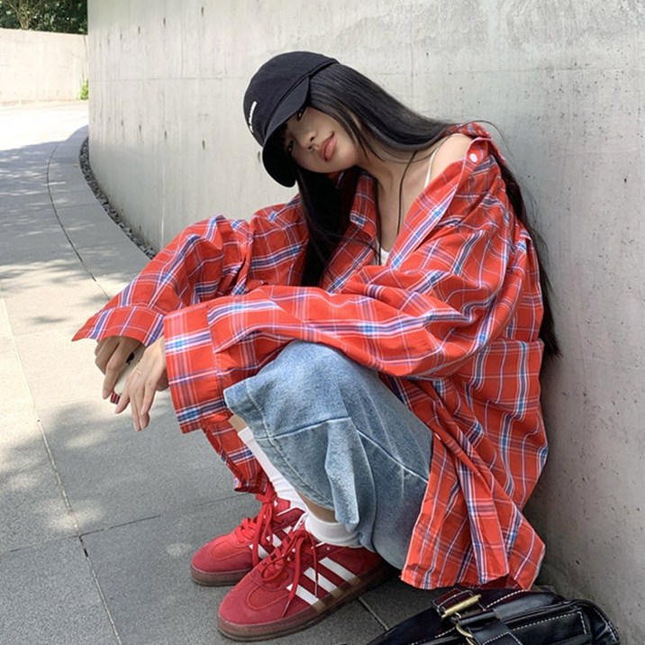 대박난박양 레드 체크 오버핏 셔츠