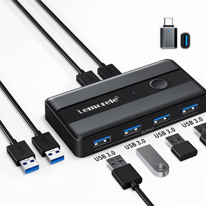 Lemorele USB 스위치 어댑터 2 입력 4 출력 USB 스위치 KVM 스위처 프린터 컴퓨터 키보드 마우스 공유자 컨트롤러, 검정, 1개