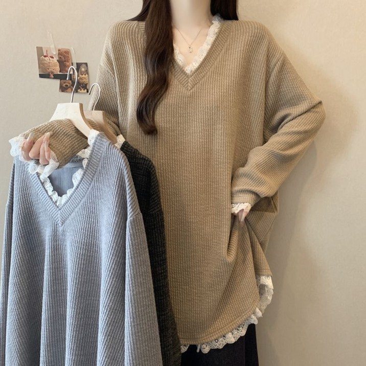 1+1 여성 레이스 브이넥 티셔츠 빅사이즈 롱기장 루즈핏 티셔츠 데일리룩