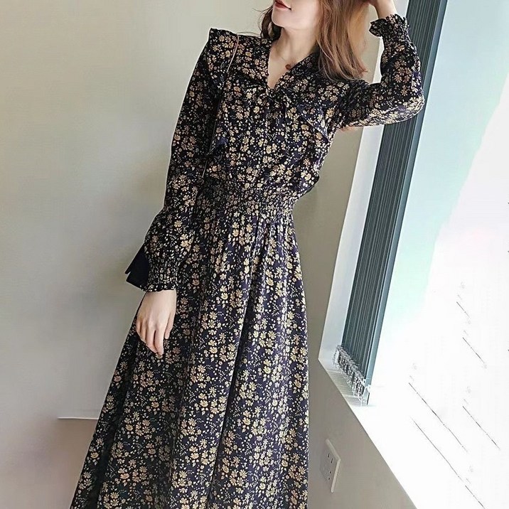 TKX 꽃무늬 원피스 여성 가을 겨울 긴팔 브이넥 플라워 롱원피스 허리밴딩 KD97