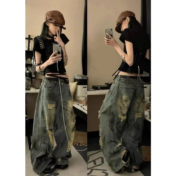 해피유통   여자 와이드 빈티지 데님 팬츠 봄 가을 찢어진 청바지 캐주얼 스타일  BJJ001