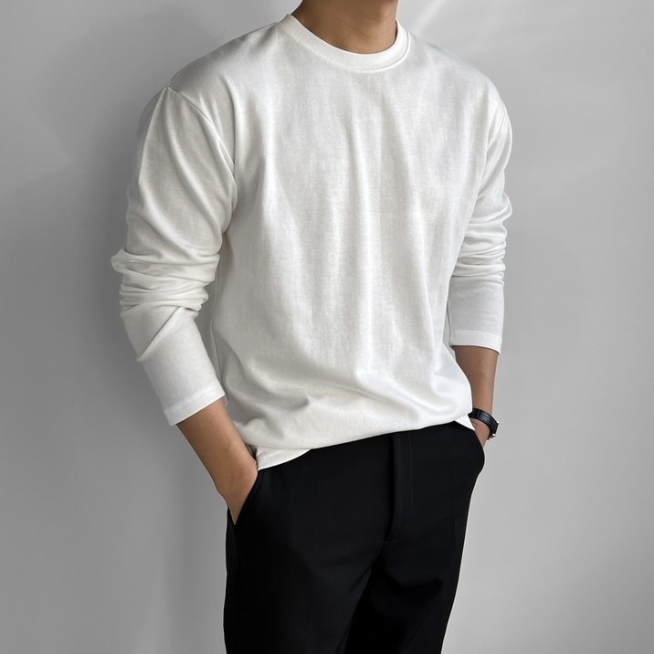 남자 긴팔티 오버핏 특양면 스판 라운드 무지 티셔츠