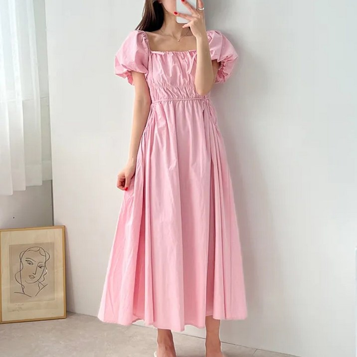 타니즈 라카 퍼프소매 오프숄더 리본 셔링 여름 반팔 롱원피스