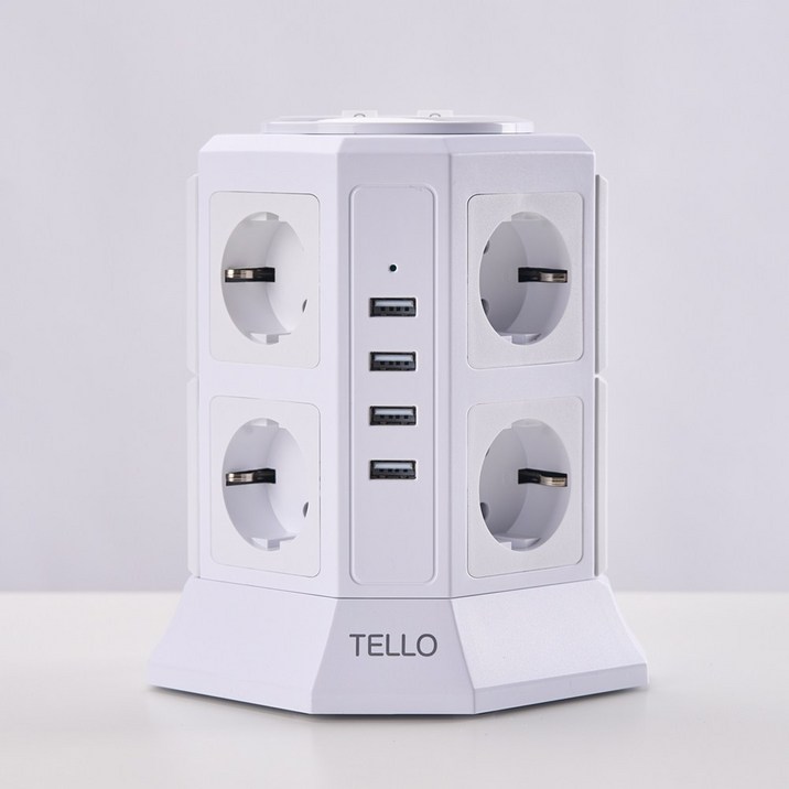 텔로 과부하차단 USB 타워 멀티탭 화이트 12구/17구 - 스마트 서지 보호 PA66 고급 소재, KC인증 접지 안전 고용량 멀티탭, 선정리 가능한 인테리어용 예쁜 디자인 콘센트, 12개입