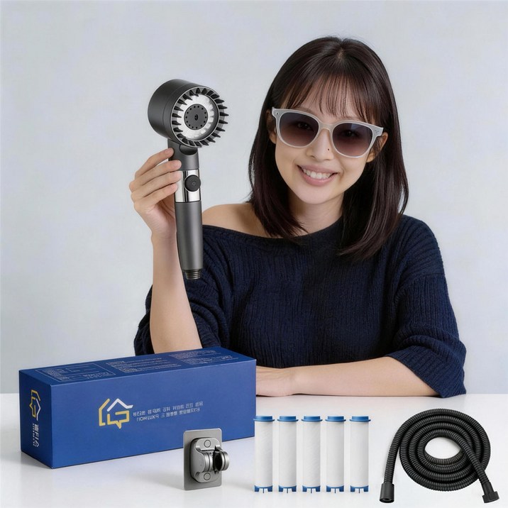 홈럭스 파워수압 필터 샤워기 + 필터 5개 + 샤워호스 1.5M + 거치데 안마 샤워기세트 8pcs, 그레이, 1세트