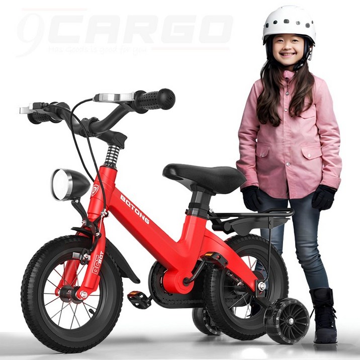 BQTONG 보조바퀴 어린이 네발 자전거 12~18인치 일체형 몰딩프레임 [95% 조립 배송], 레드 (스포크 휠+V브레이크+뒷좌석)