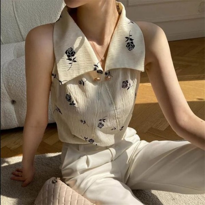 여성 민소매 블라우스 셔츠 빈티지 여성용 옷깃 프린트 숄더 컷 슬림 오프 풀오버 쉬폰 탑