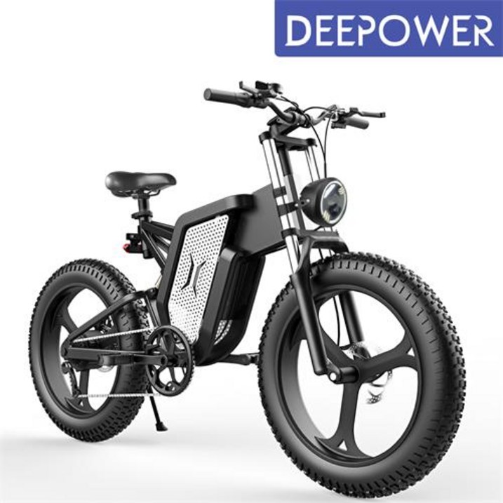 DEEPOWER 1000 48V 30Ah 최신형 MTB 산악 자전거 전기자전거 20인치 팻바이크 7단 변속, 블랙 실버