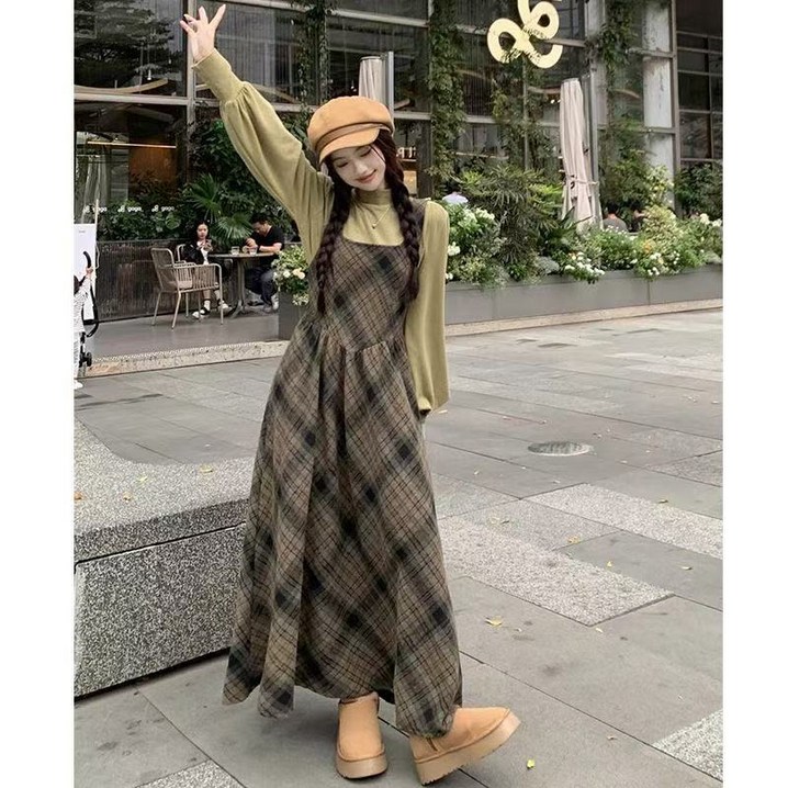 미중 여성 봄가을 뉴 기품 체크무늬 멜빵 날씬 박시 롱 원피스 cxcy