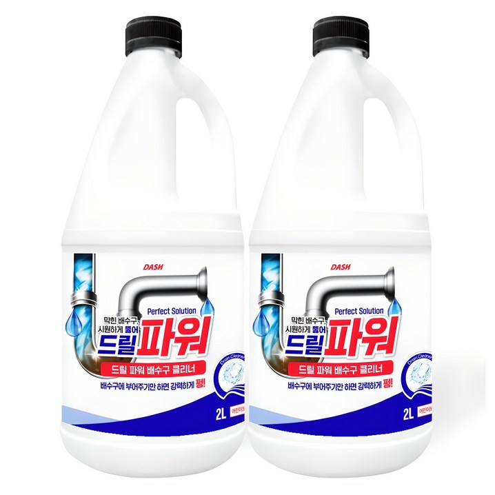 대쉬 드릴 파워 초강력 배수구 클리너, 2L, 2개 대쉬 드릴 파워 초강력 배수구 클리너, 2L, 2개