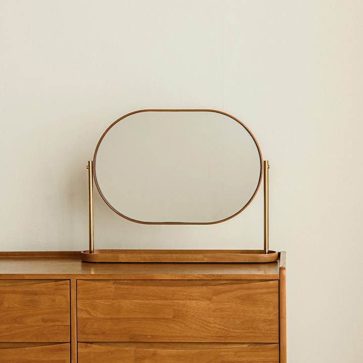 룬드 고무나무 원목 라운드 화장대 탁상 거울, 단품