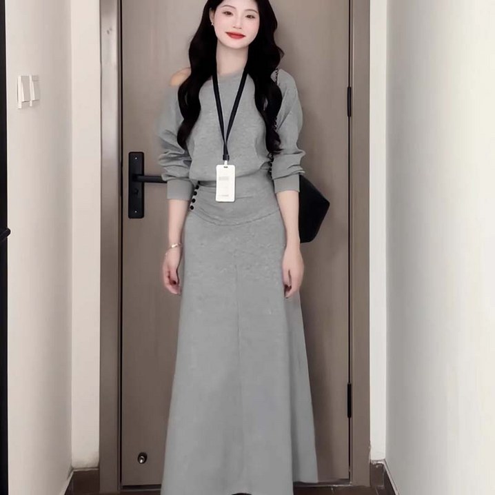 AOKADA 여성 원숄더 긴팔 티셔츠 A라인 스커트 투피스 트레이닝 가을 캐주얼 상하의 세트