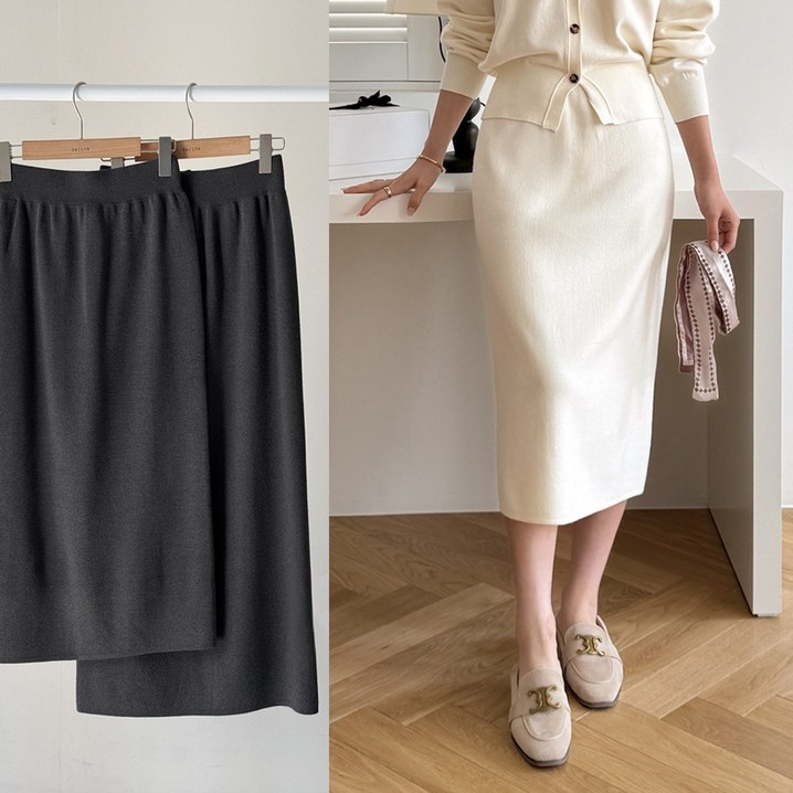 데일리앤 델로아 SML 기장선택 밴딩 H라인 일자핏 니트 롱 스커트 베이직 뒷트임 사계절 치마