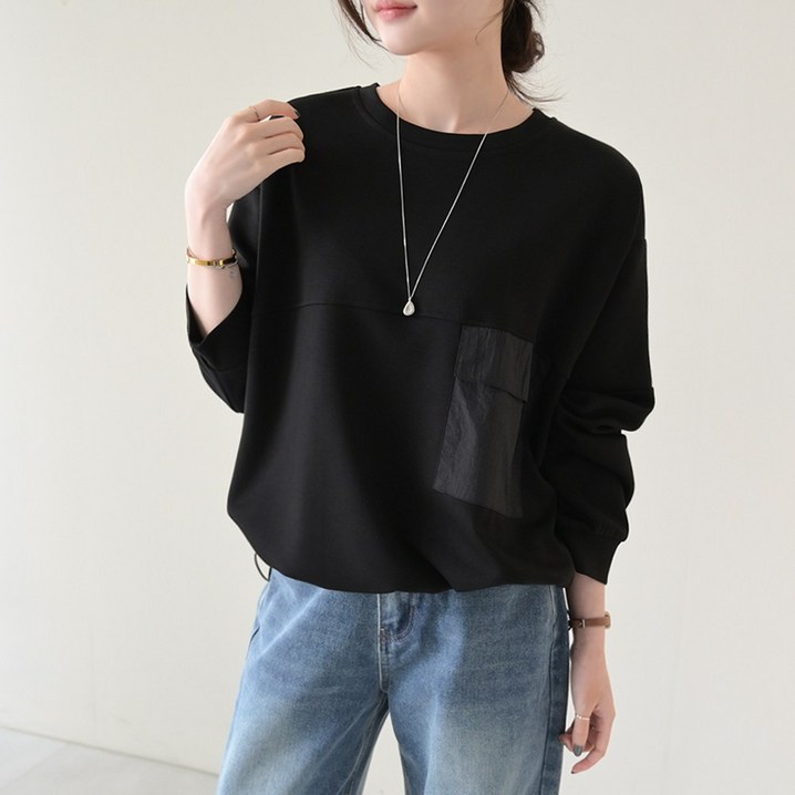 데일리앤 매튜 찰랑 가오리 루즈핏 절개 스트링 포켓 무지 긴팔티 봄 가을 간절기 맨투맨 티셔츠