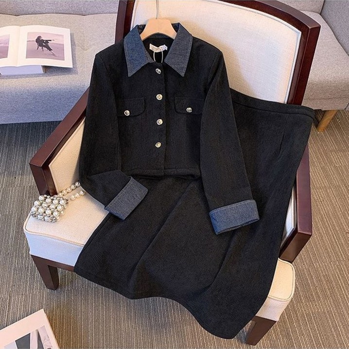 슬림소녀 여성 가을 겨울 원피스 고급스러운 기모 도톰 코트 상의 배색 디자인 스커트 뒤트임 투피스 세트