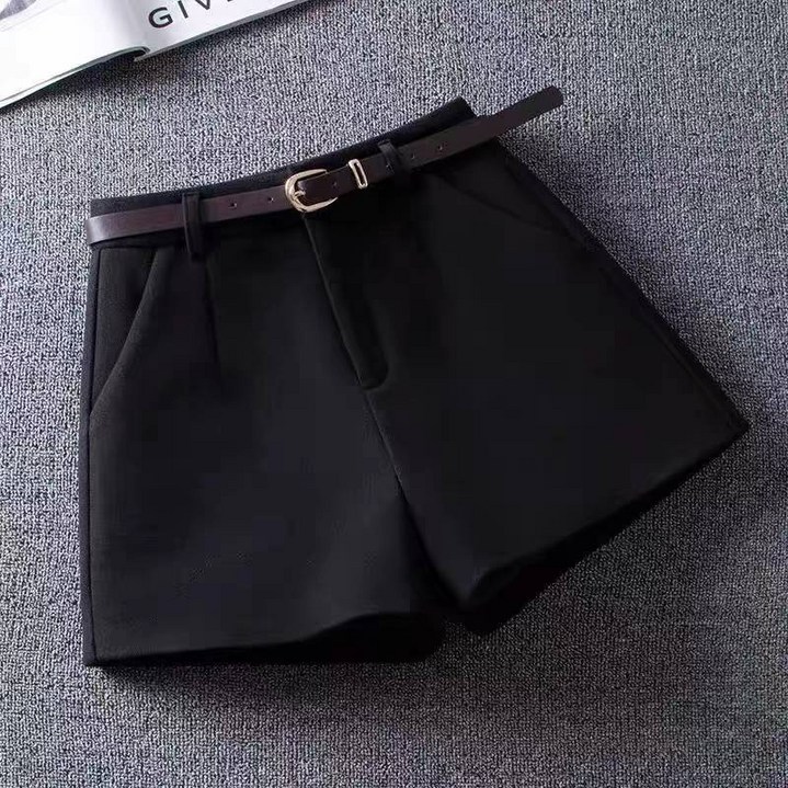 여성 모직 반바지 하이웨이스트 팬츠 벨트 포함