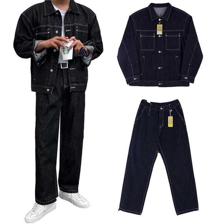 센스댓 남성 남자 논페이드 데님 셋업 자켓+팬츠 세트 이염없는 생지데님