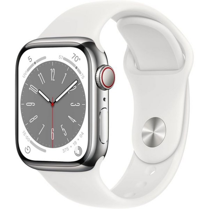 Apple Watch 시리즈 8(GPS + 셀룰러, 41mm) - 흰색 스포츠 밴드 M/L이 포함된 실버 스테인리스 스틸 케이스(갱신)