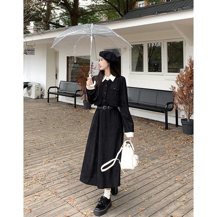 ANYOU 빅사이즈 여성 긴팔 원피스 코듀로이 롱원피스 결혼식 하객룩 패션 데일리룩 오피스룩