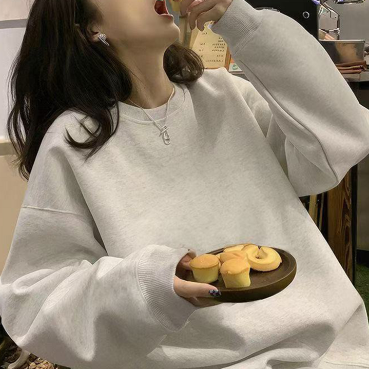 오스틱니 97.5kg까지 빅사이즈 루즈핏 여성용 가을겨울 라운드넥 심플 단색 기모 데일리 맨투맨