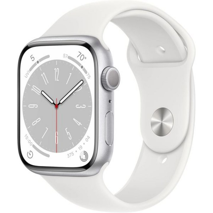 Apple Watch 시리즈 8(GPS, 45MM) 실버 알루미늄 케이스(화이트 스포츠 밴드 포함), S/M(리뉴얼 프리미엄)