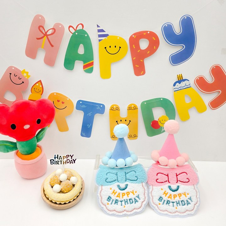 강아지케이크 생일파티상 4종 패키지 (케이크+모자&턱받이세트+가랜드+생일픽) 독특수제간식, 1세트, 100ml, 사이즈 소(블루)