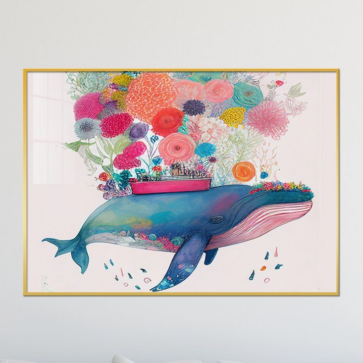 아트블루 귀여운 그림 하늘 고래 일러스트 액자 아이방 아기방 인테리어 소품, 8번 꽃 고래 가로