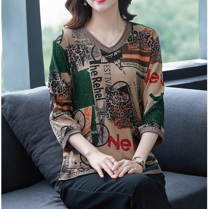 [바니드] 중년여성 엄마옷 7부소매 레터링 도트무늬 라운드넥 티셔츠 0625
