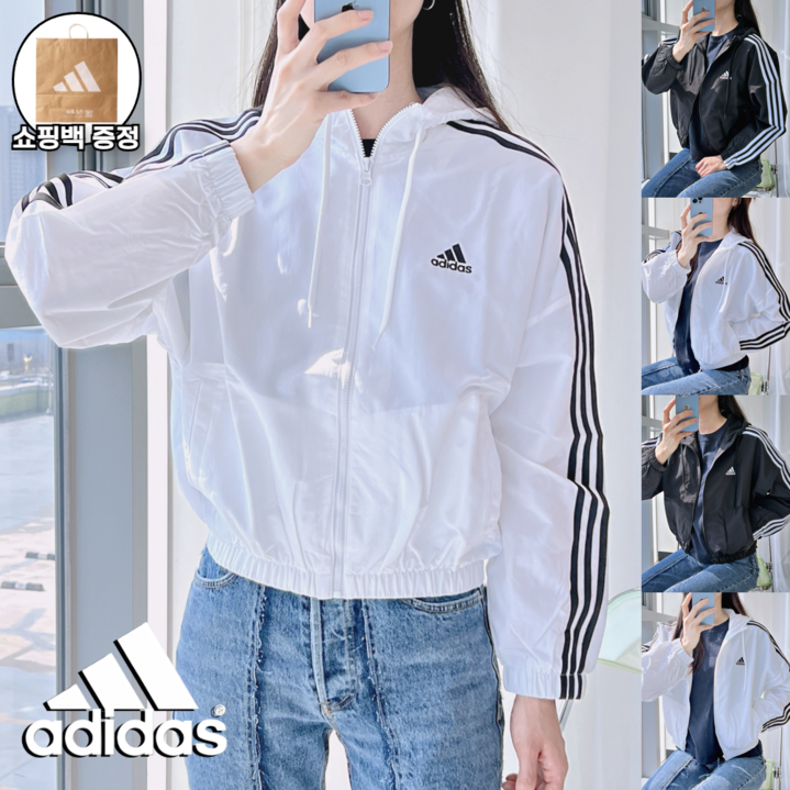 아디다스 에센셜 3S 우먼 바람막이 오리지널 우븐 윈드브레이커 자켓 / 쇼핑백