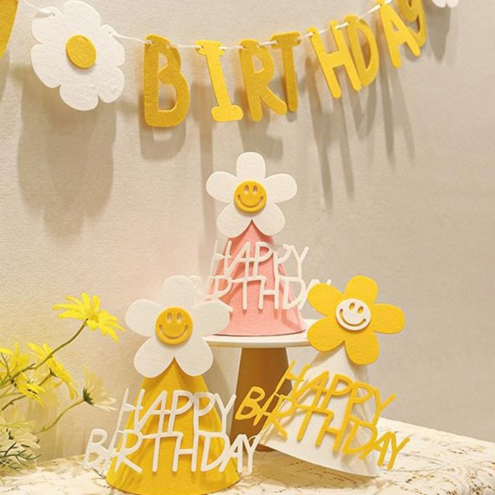 생일파티가랜드 이자벨홈 스마일 데이지 생일파티 가랜드 + 모자 3종 세트, 화이트, 핑크, 옐로우(모자), 1세트