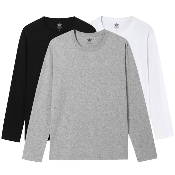 라이프폼 3장1세트 남성 여성 순면100 무지 라운드 긴팔 무지티 기본티 티셔츠 흰티 면티 긴팔티