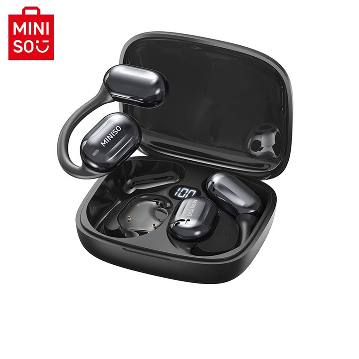 MINISO 이어폰 AI 자동통역 이어폰 블루투스 오픈형 회의 실시간 기록 양방향 통역, 블랙, MS162