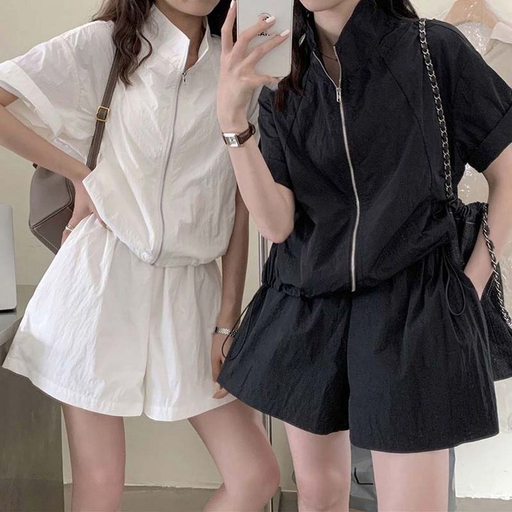 여성 집업 아노락 반팔반바지 트레이닝 세트 여름 캐주얼 상하세트 스트링 얇은 바람막이 소재 운동세트 데일리룩 루즈핏 자외선 차단 투피스