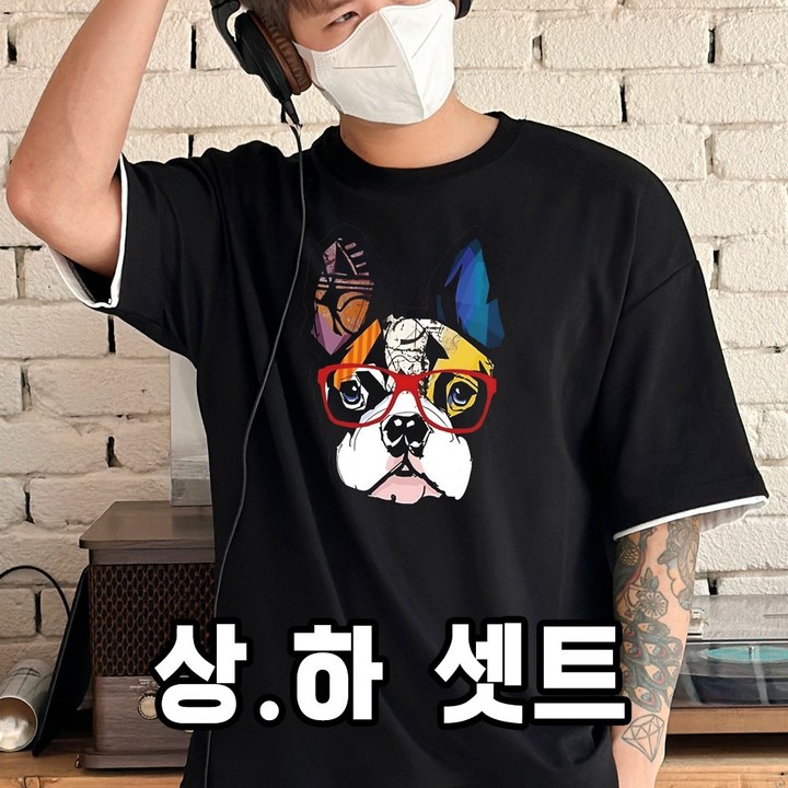 (레이어드) 무지개 불독 반팔티 + 반바지 상.하 셋트 빅사이즈 오버핏_미라클