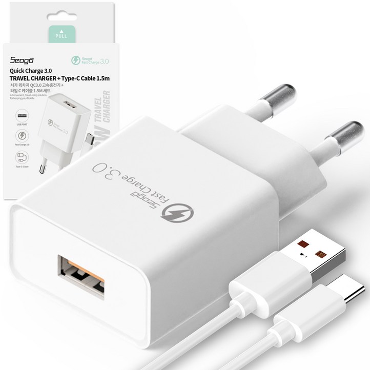 서가 퀵차지 QC3.0 18W USB 고속충전기 C타입 케이블 1.5m 세트, 화이트, 1개 서가 퀵차지 QC3.0 18W USB 고속충전기 C타입 케이블 1.5m 세트, 화이트, 1개
