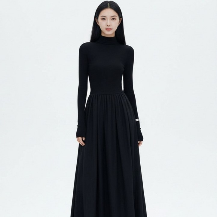 마켓피아 여성용 터틀넥 플레어 A라인 롱 원피스