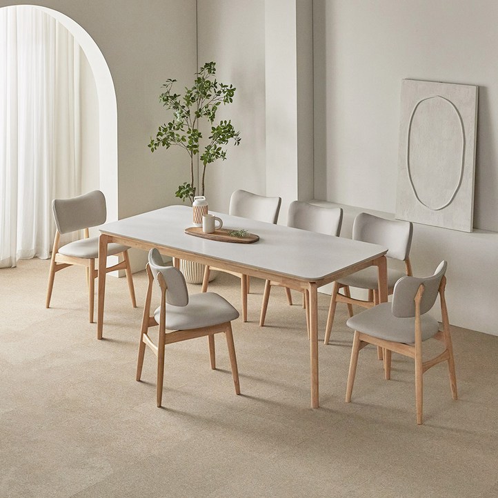 파로마 리샤르A 통세라믹 원목식탁 1800  의자세트 6인용 방문설치, 화이트상판  내추럴원목, 일반의자 6