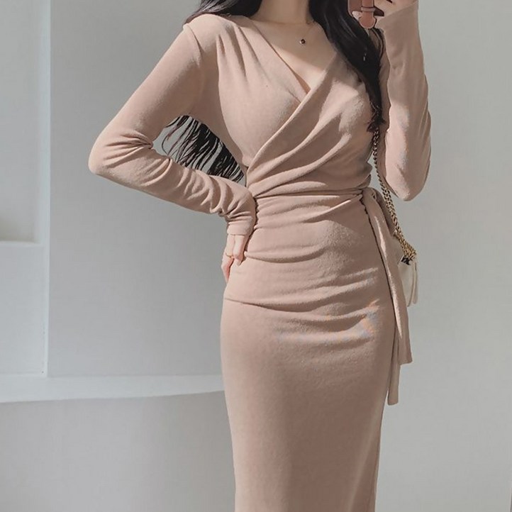 구디프 여성용 V넥 랩 셔링 긴팔 원피스