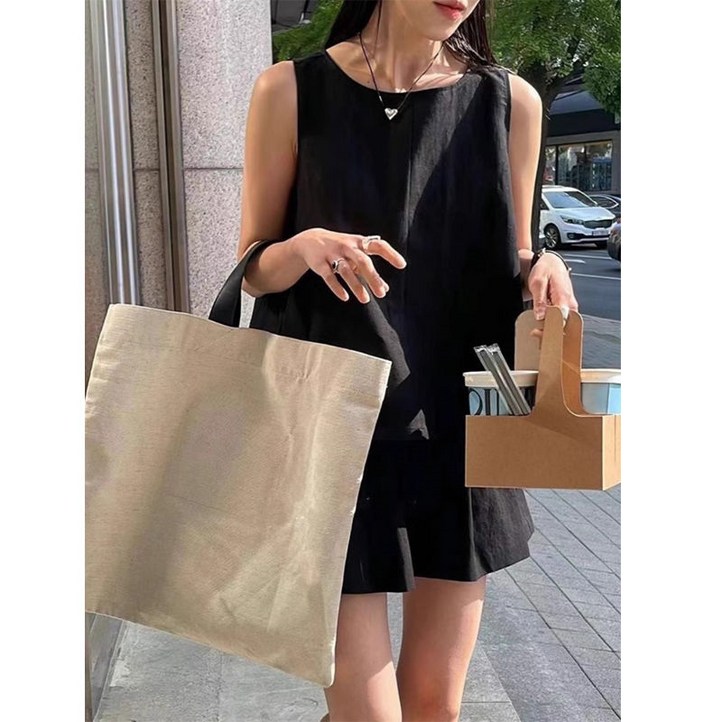 여성용 여름 면 린넨 상하세트 심플 무지 루즈핏 민소매 티셔츠  와이드 밴딩 반바지 세트 투피스