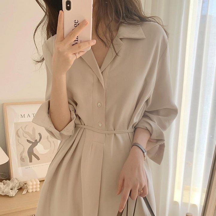 Novastar 여성 봄 가을 원피스 하객룩 데일리룩 출근룩 벨트 카라 롱원피스
